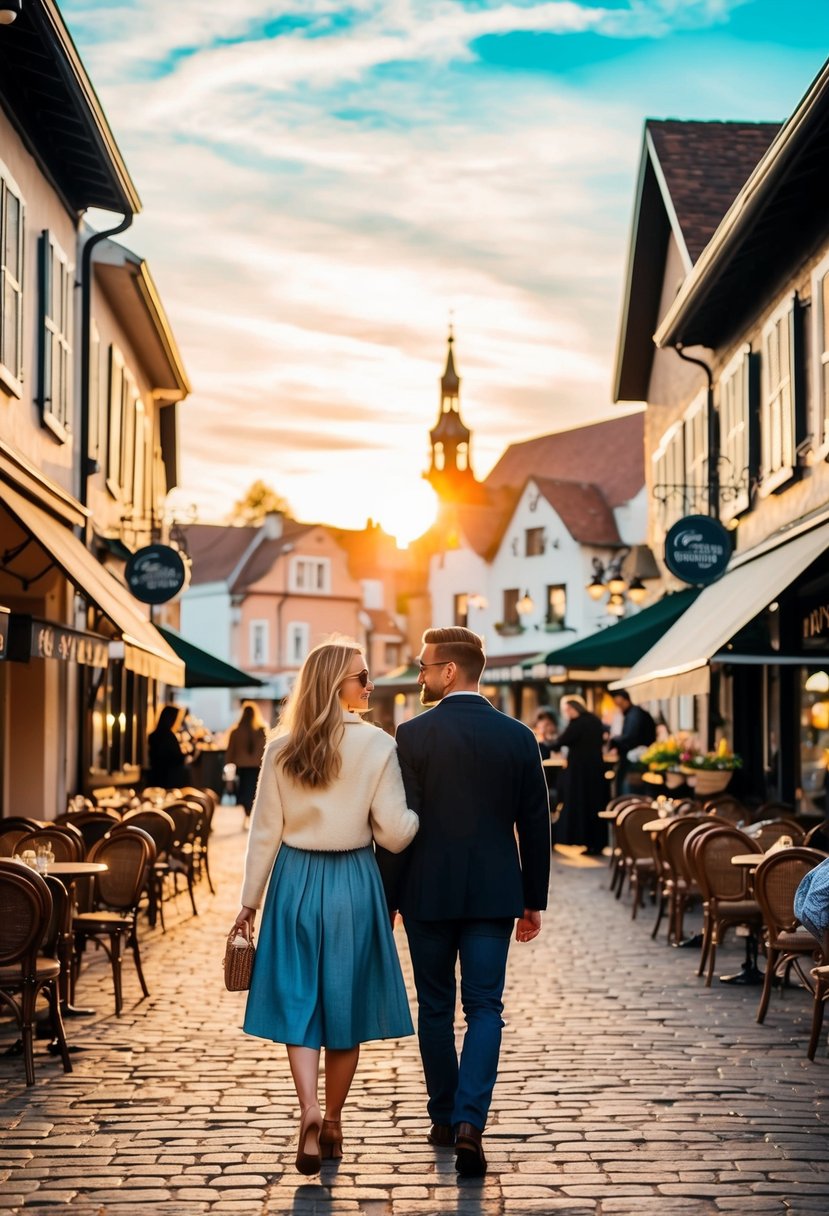 A couple strolls through a charming small town, passing quaint shops and cozy cafes. The sun sets behind a picturesque town square, where a live band plays romantic tunes