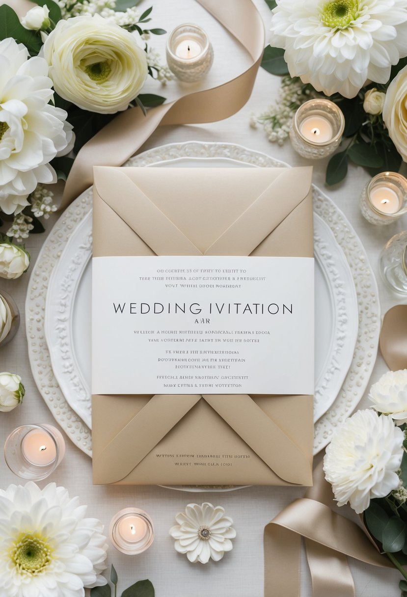 A beige silk wedding invitation surrounded by white and beige wedding decor, such as flowers, ribbons, and table settings