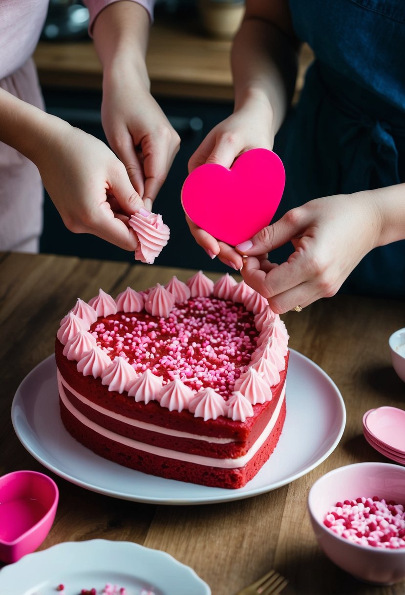 A heart-shaped cake being decorated with pink frosting and sprinkles. Two sets of hands working together to create a special Valentine's Day dessert