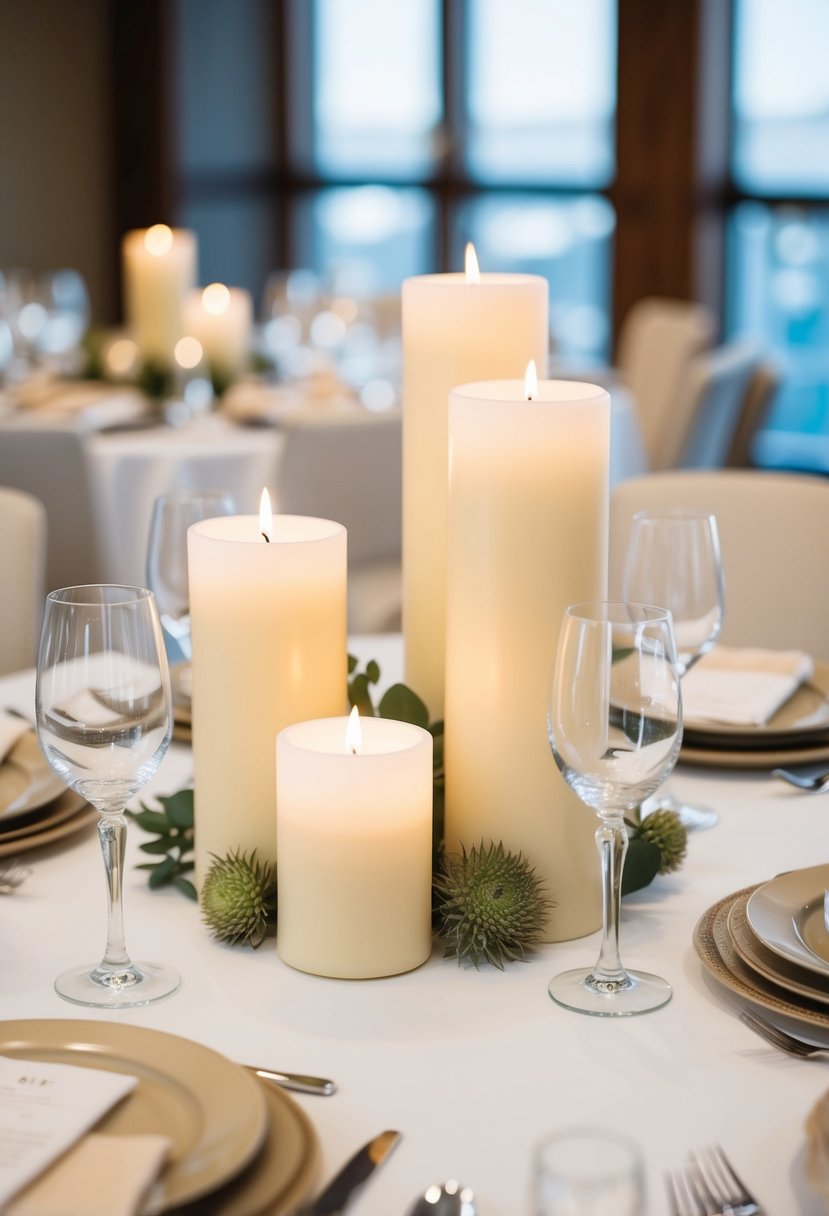 A table set with off-white candle holders and beige accents for a wedding centerpiece