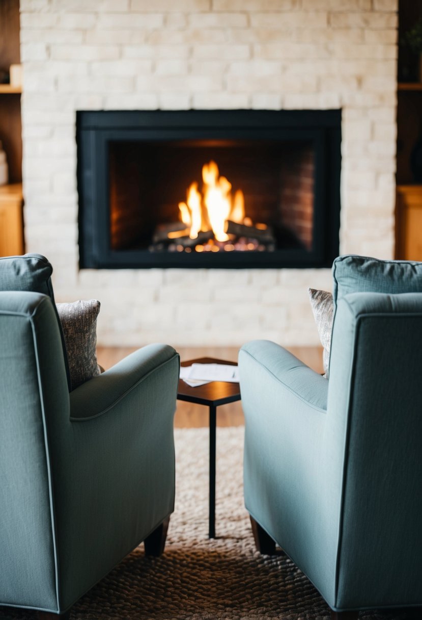 A cozy living room with two armchairs facing each other, a fireplace crackling in the background. A small table holds two handwritten poems