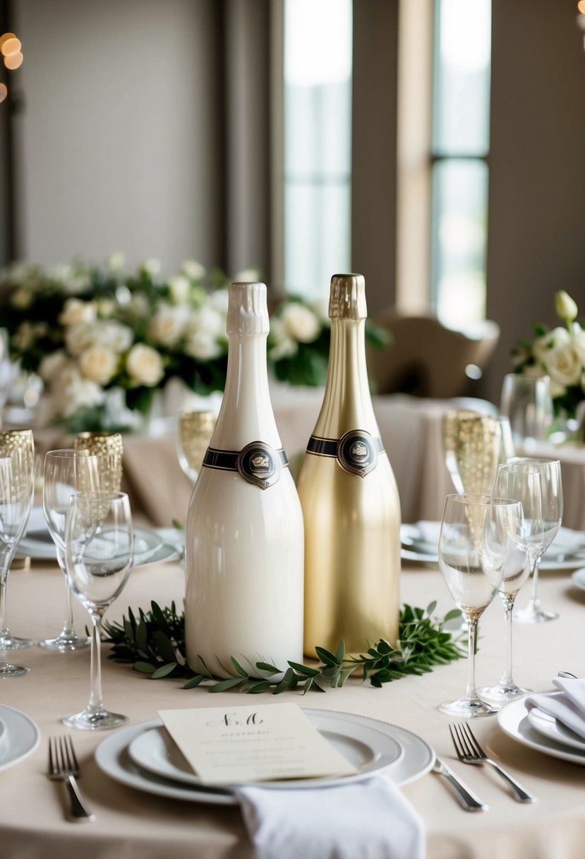 A table set with white and beige Champagne Accent Vases, surrounded by wedding decor in coordinating colors