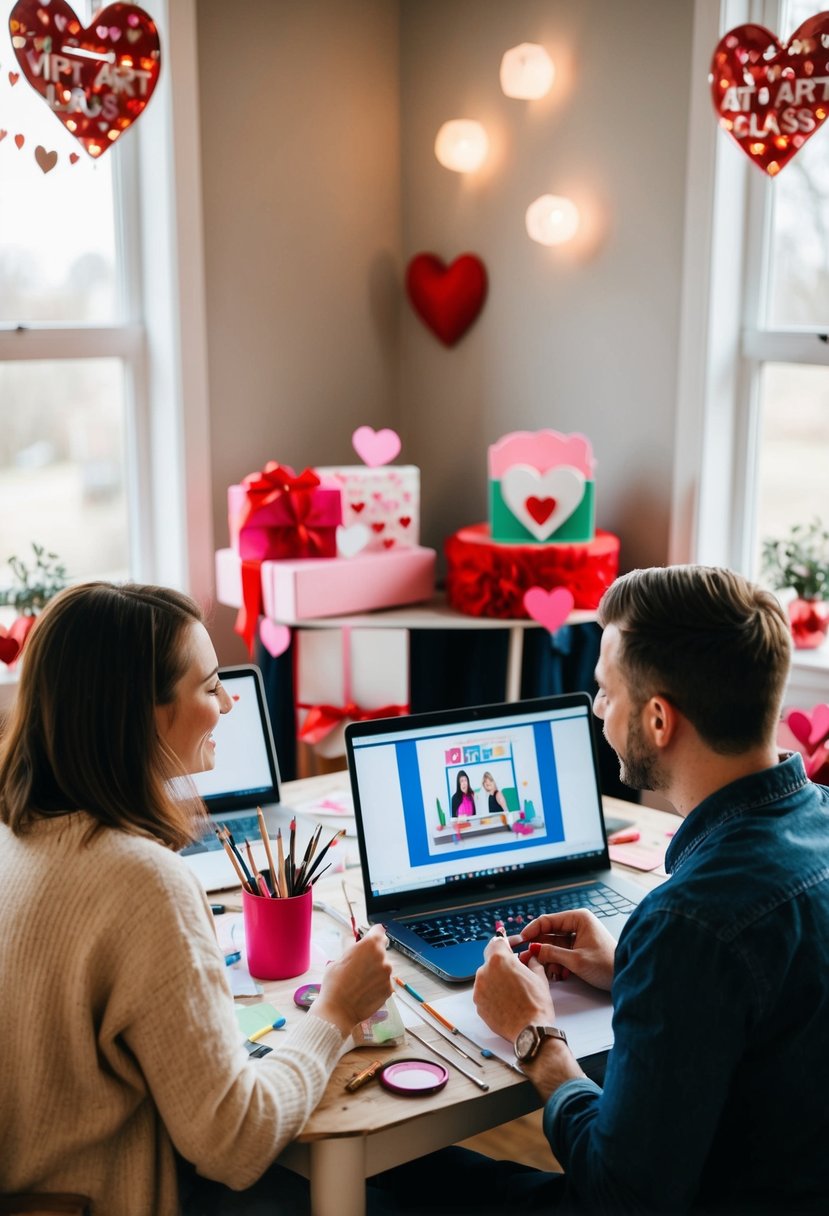 A couple sits at a table, each with their own art supplies. A laptop shows a virtual art class. The room is cozy, with Valentine's Day decorations