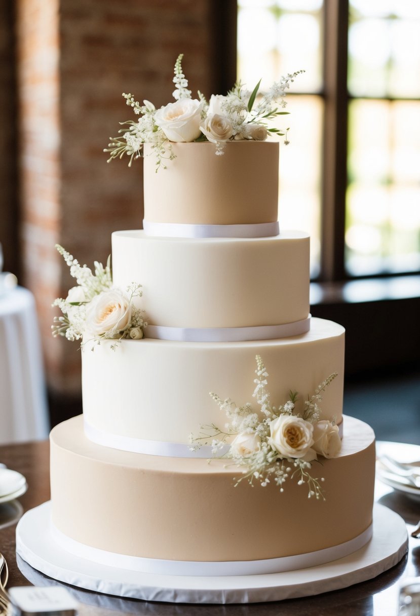 A three-tiered wedding cake with alternating layers of beige and white, adorned with delicate floral decorations