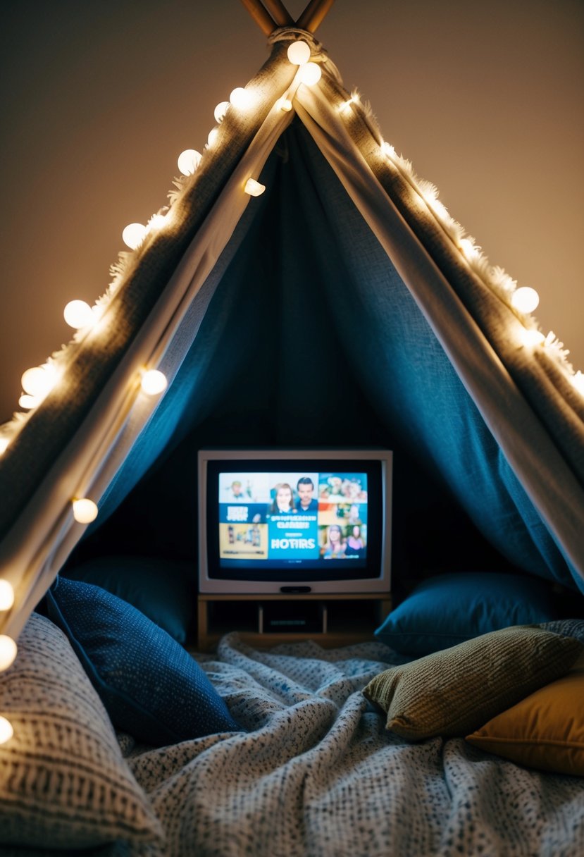 A cozy fort made of blankets and pillows, with a small screen playing nostalgic childhood movies