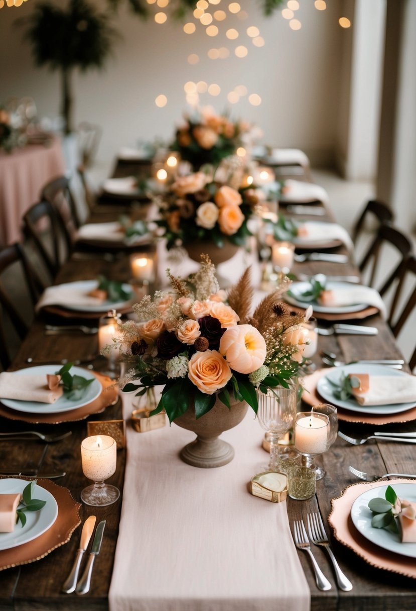 A rustic wedding table adorned with peach and brown floral centerpieces, surrounded by elegant place settings and soft candlelight