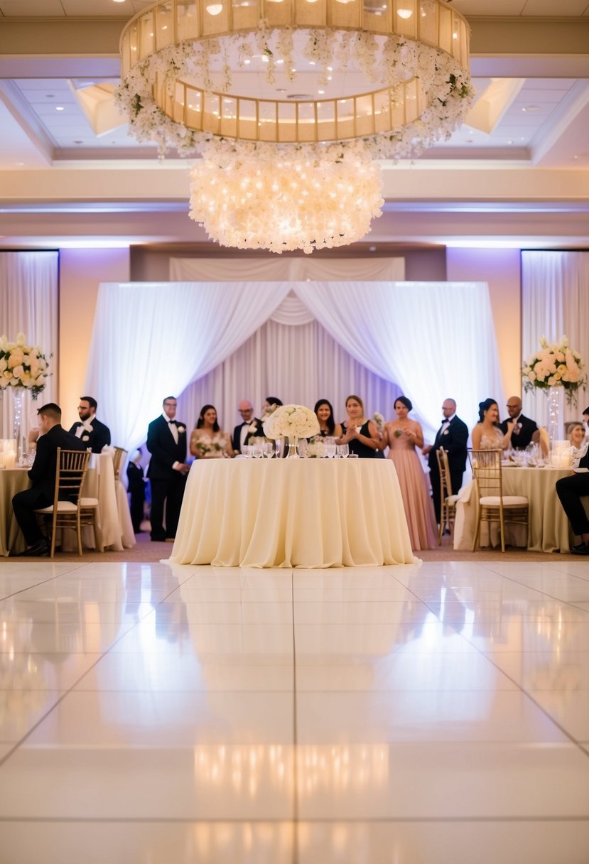 A white and beige dance floor at a wedding reception, adorned with elegant decor and soft lighting