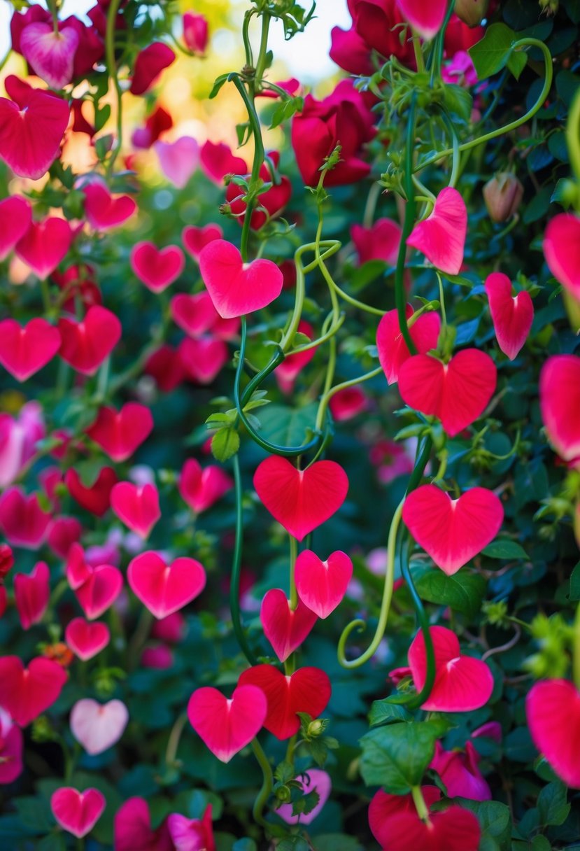 A garden filled with vibrant flowers, heart-shaped petals, and swirling vines, creating a romantic and enchanting atmosphere for a Valentine's Day date