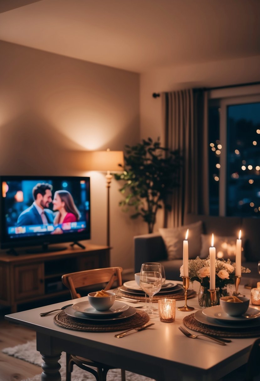 A cozy living room with soft candlelight, a table set for two with a home-cooked meal, and a romantic movie playing on the TV