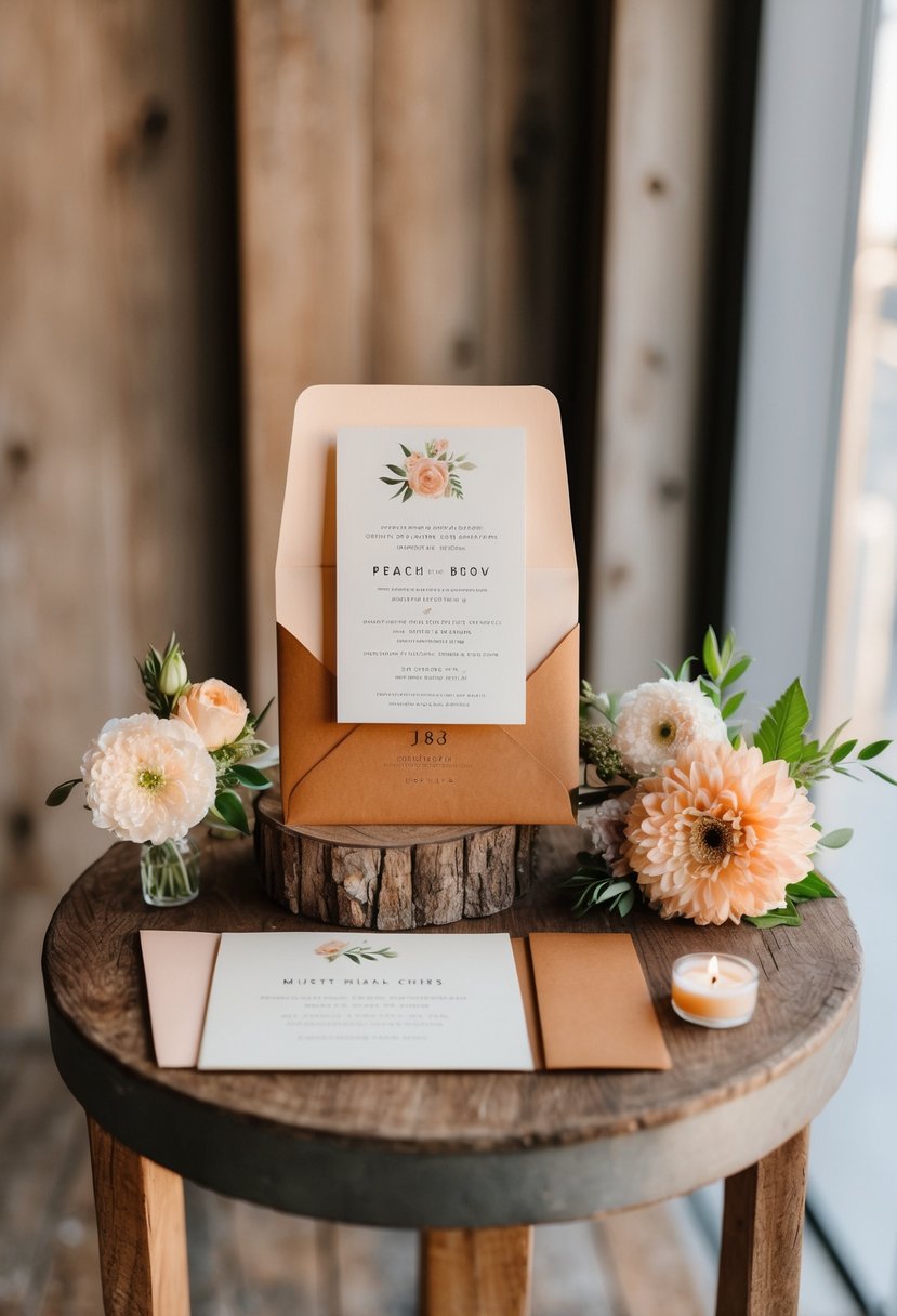 A peach and brown invitation suite displayed on a rustic wooden table with floral accents and soft lighting