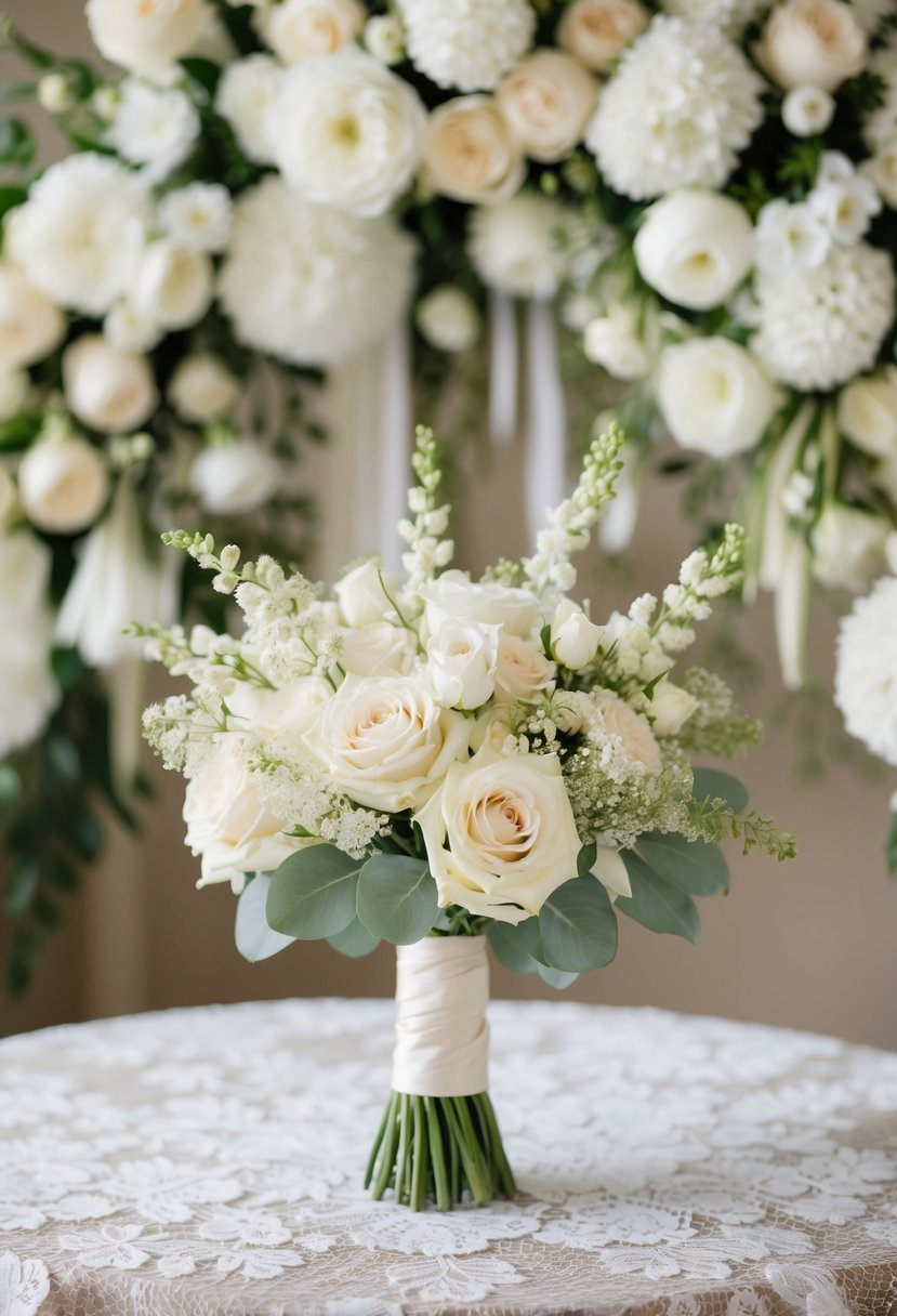 A cream-colored wedding bouquet sits on a lace-covered table, surrounded by white and beige floral decor