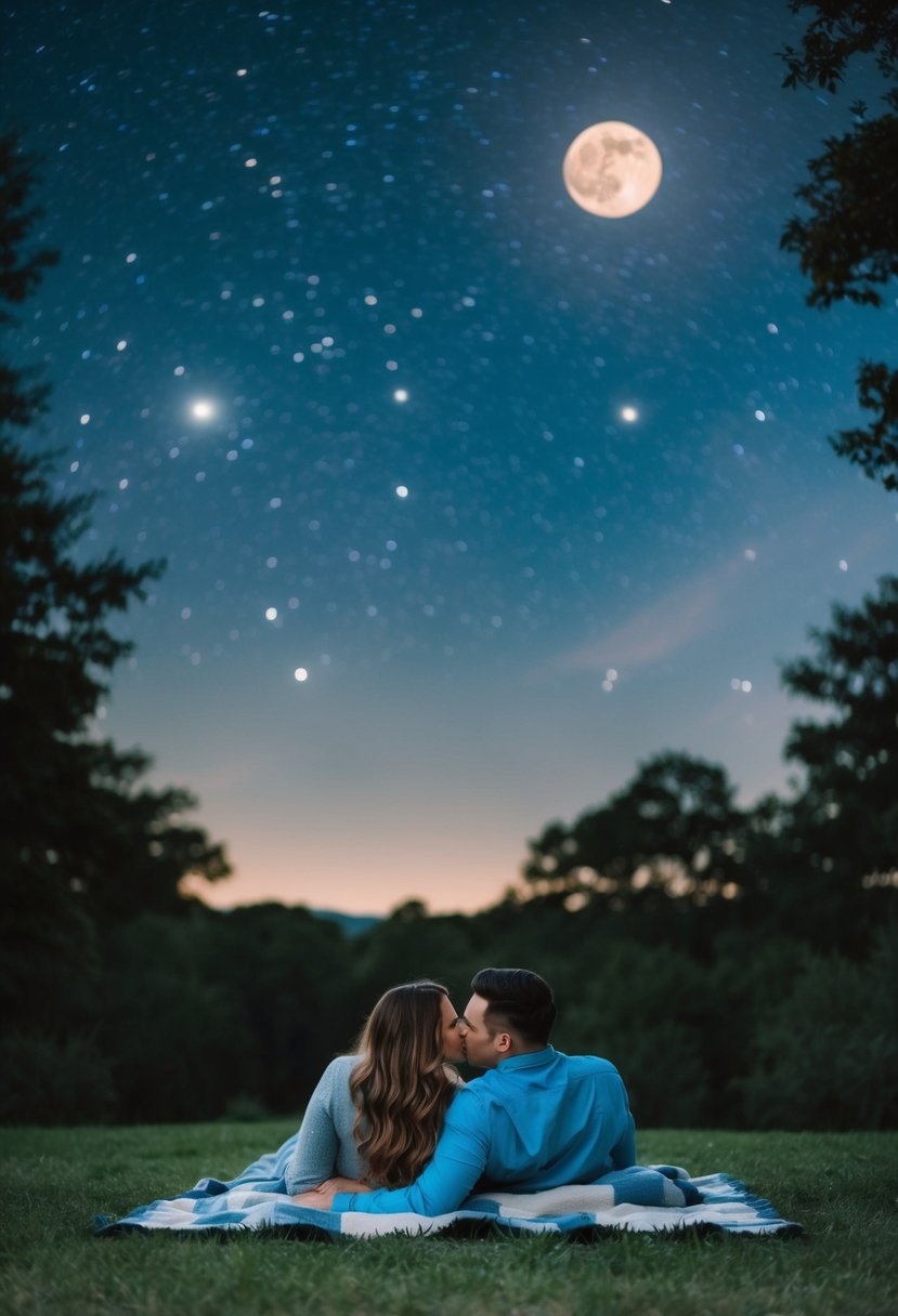 A couple lays on a blanket under a starry sky, surrounded by trees and a glowing moon