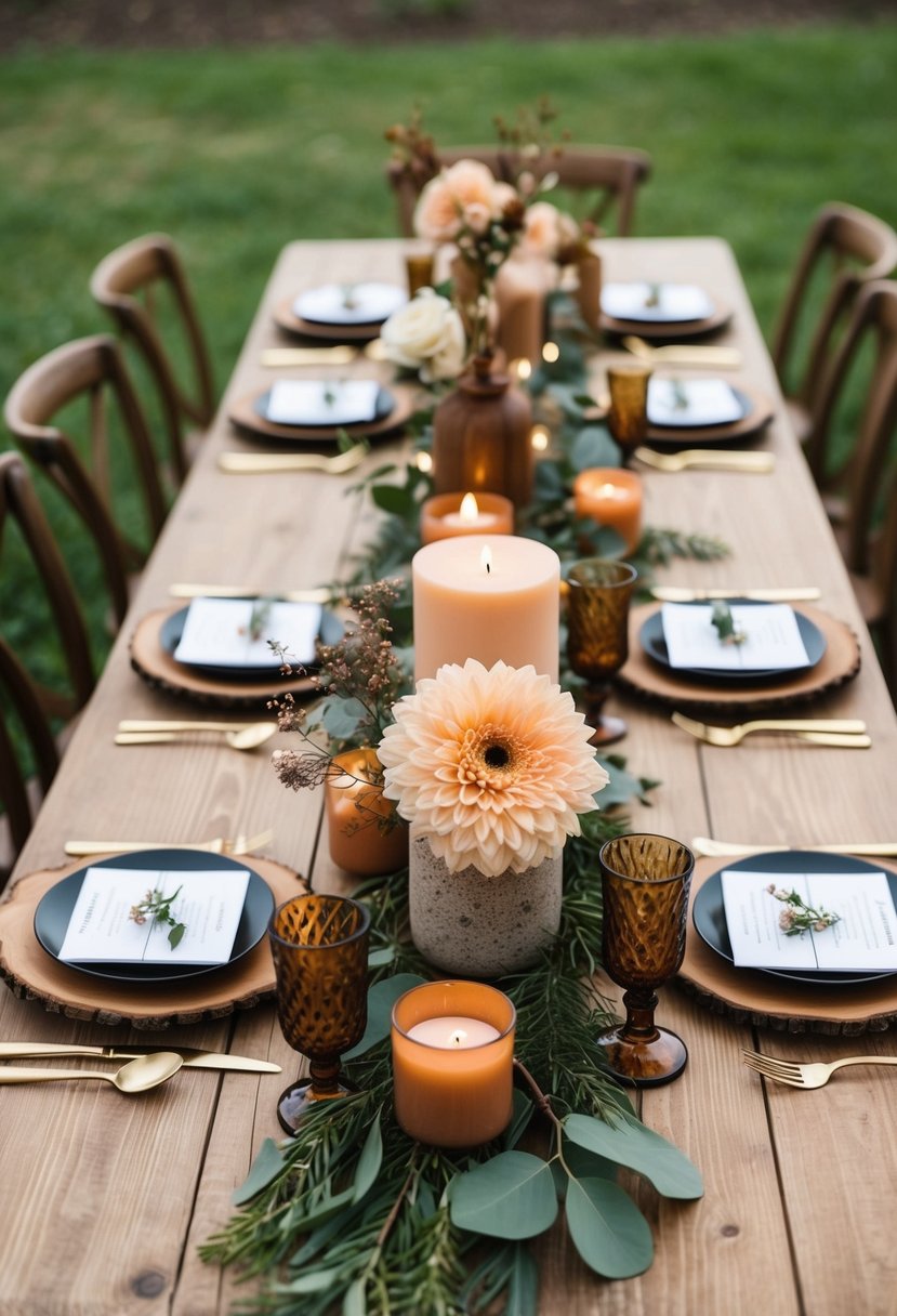 A wooden table adorned with rustic peach and brown centerpieces, featuring flowers, candles, and natural elements