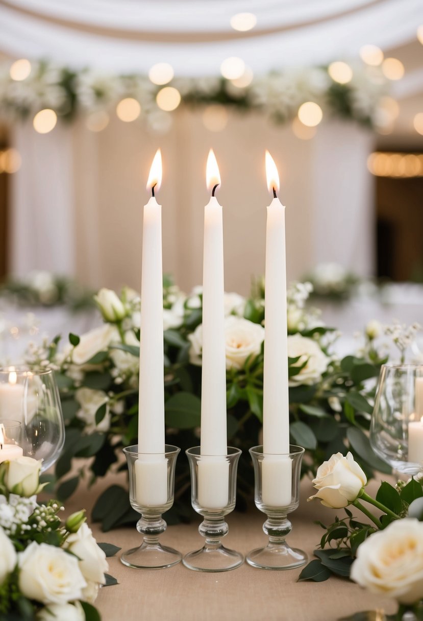 Three white tapered candles in glass holders, surrounded by beige and white wedding decor