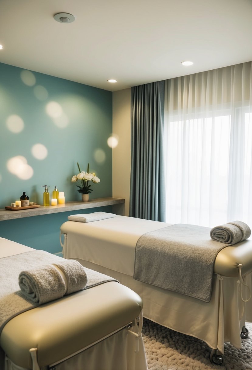 A serene spa room with two massage tables, soft lighting, and relaxing music. Aromatherapy oils and fluffy robes add to the ambiance