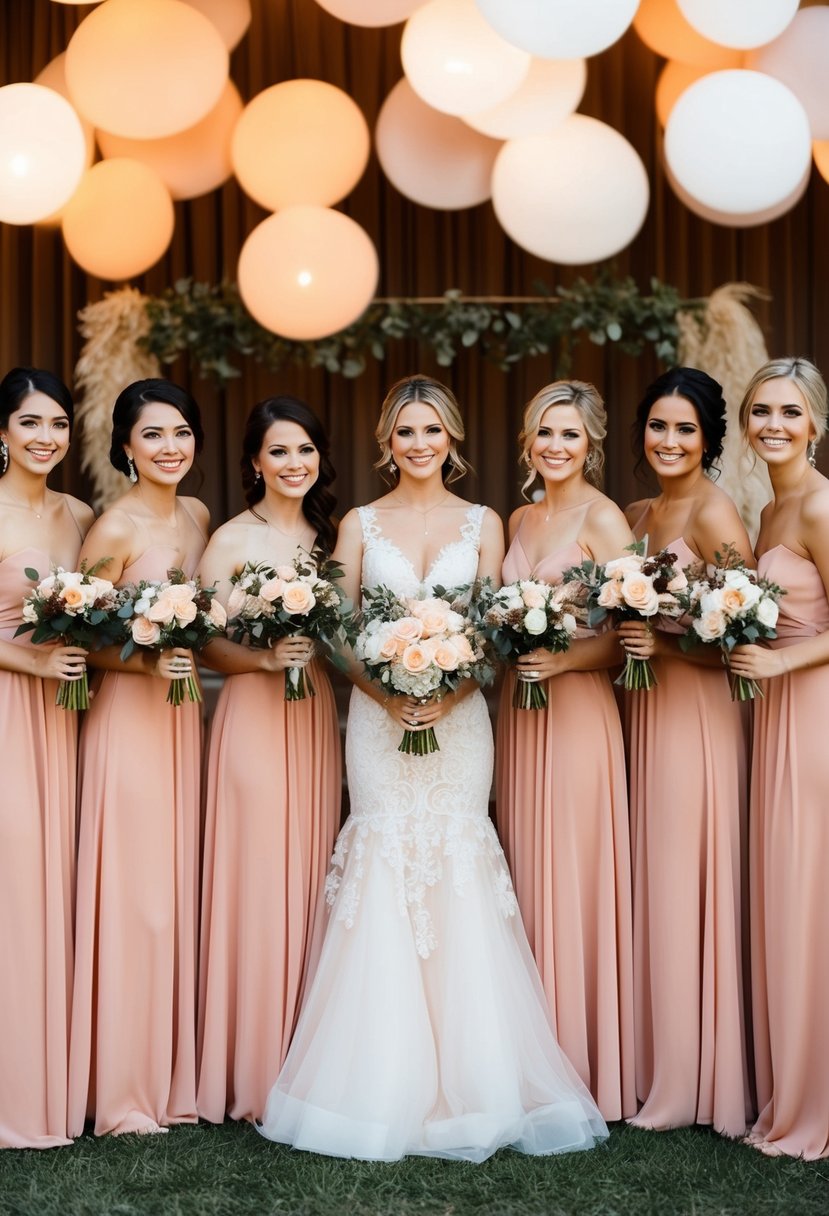 A group of elegant peach bridesmaid dresses arranged with brown wedding decor