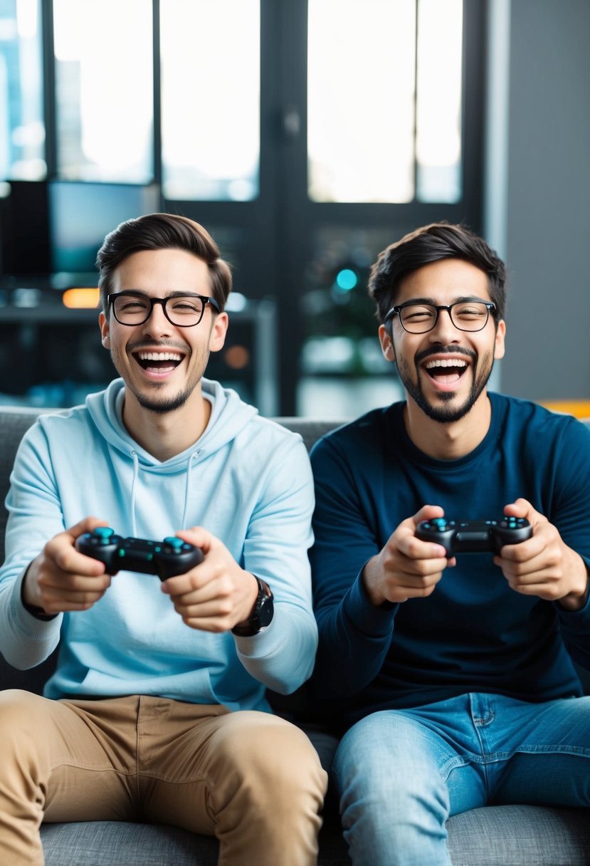 Two players sitting side by side on a couch, each holding a controller, laughing and cheering as they play a video game together