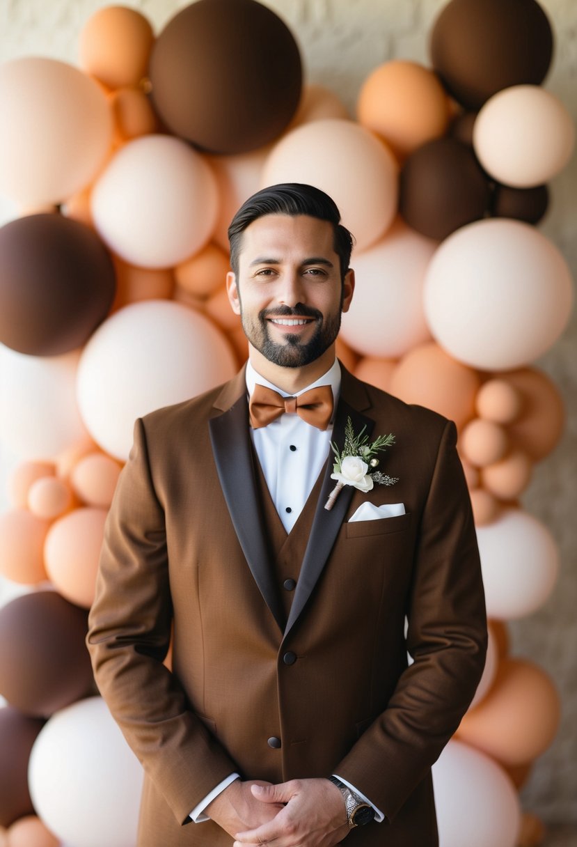 A groom in earthy brown attire stands against a backdrop of peach and brown wedding decorations