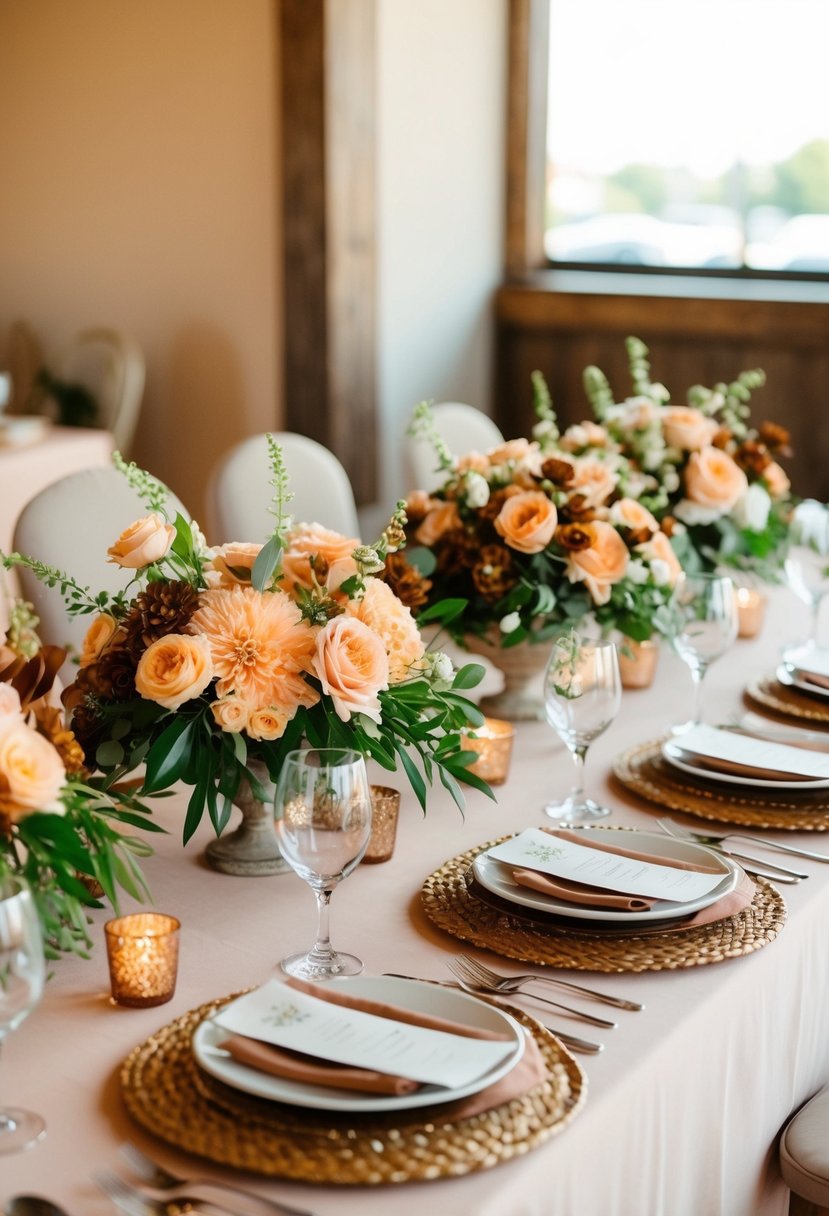 A table adorned with peach and brown floral arrangements for a wedding