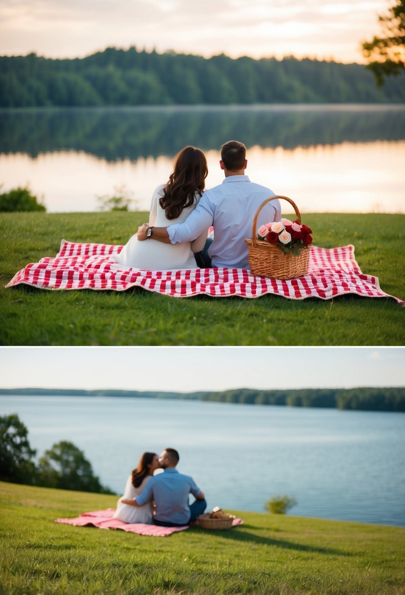 A couple's picnic on a grassy hill overlooking a serene lake, with a red and white checkered blanket, a wicker basket, and a bouquet of roses