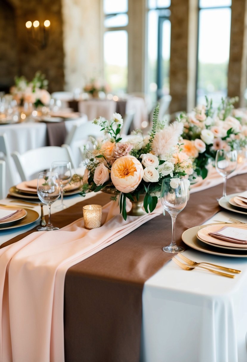 A table set with soft pastel peach and brown linens, adorned with delicate floral centerpieces and elegant place settings