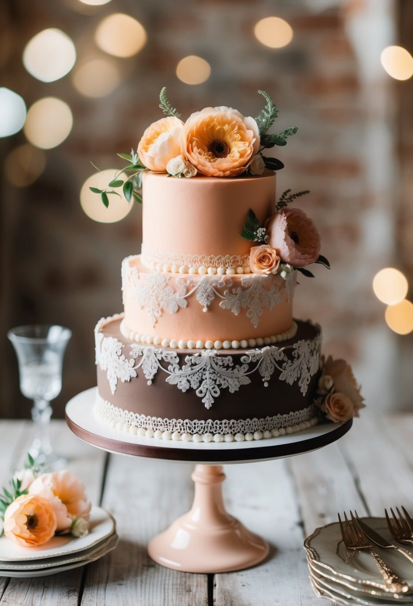 A vintage-inspired peach and brown wedding cake with intricate floral and lace details