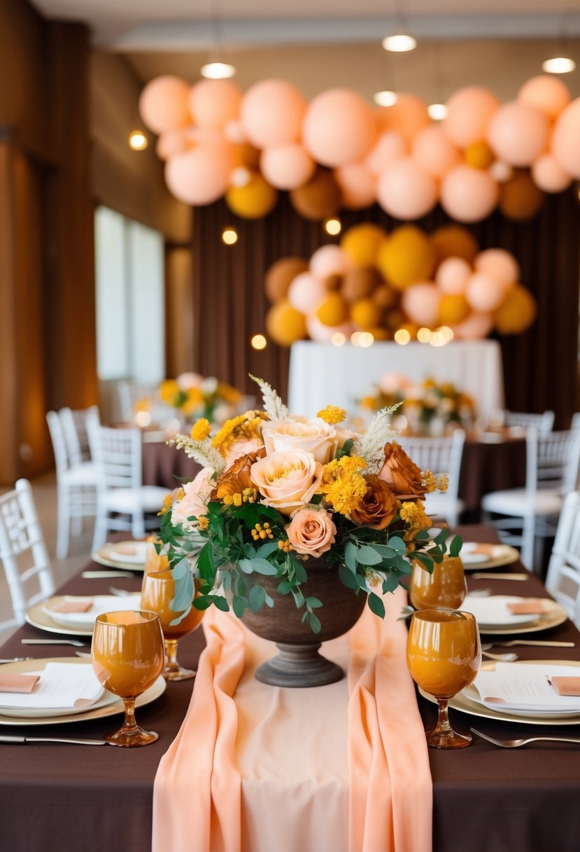 Peach and brown wedding decor with warm mustard accents