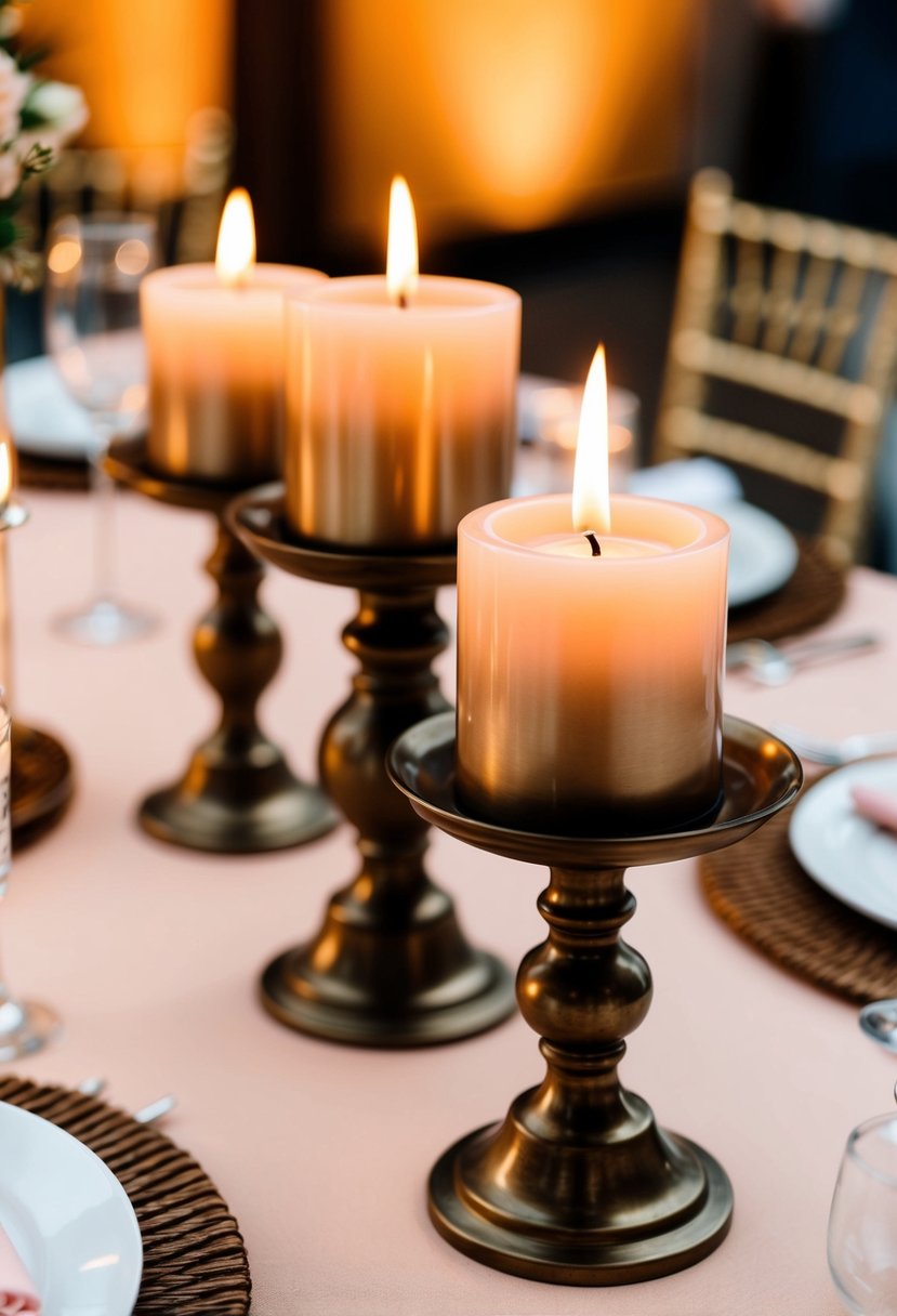 A table adorned with bronze candle holders in peach and brown hues, creating a warm and romantic ambiance for a wedding celebration