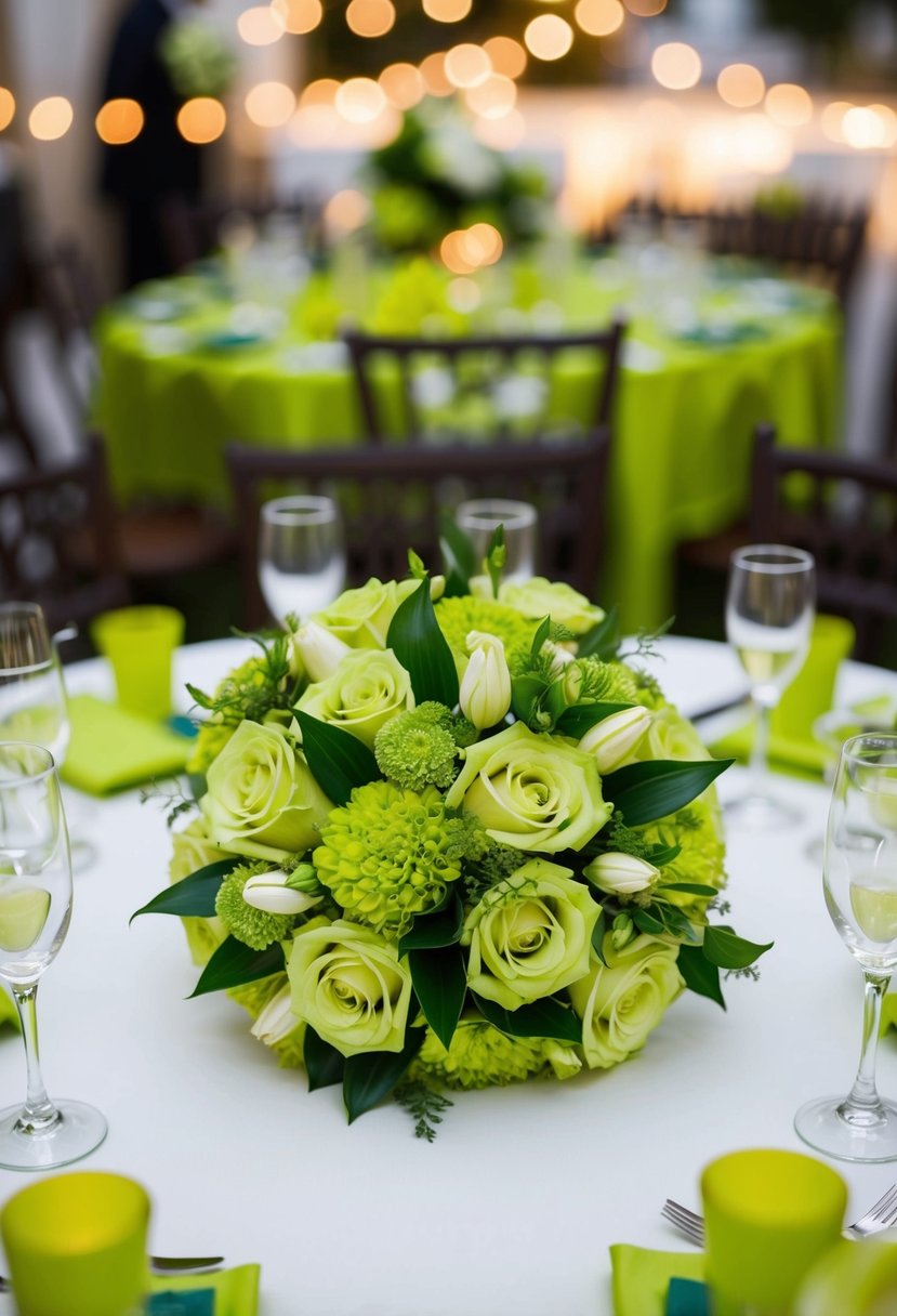 A lime green wedding bouquet surrounded by matching table decorations and accents