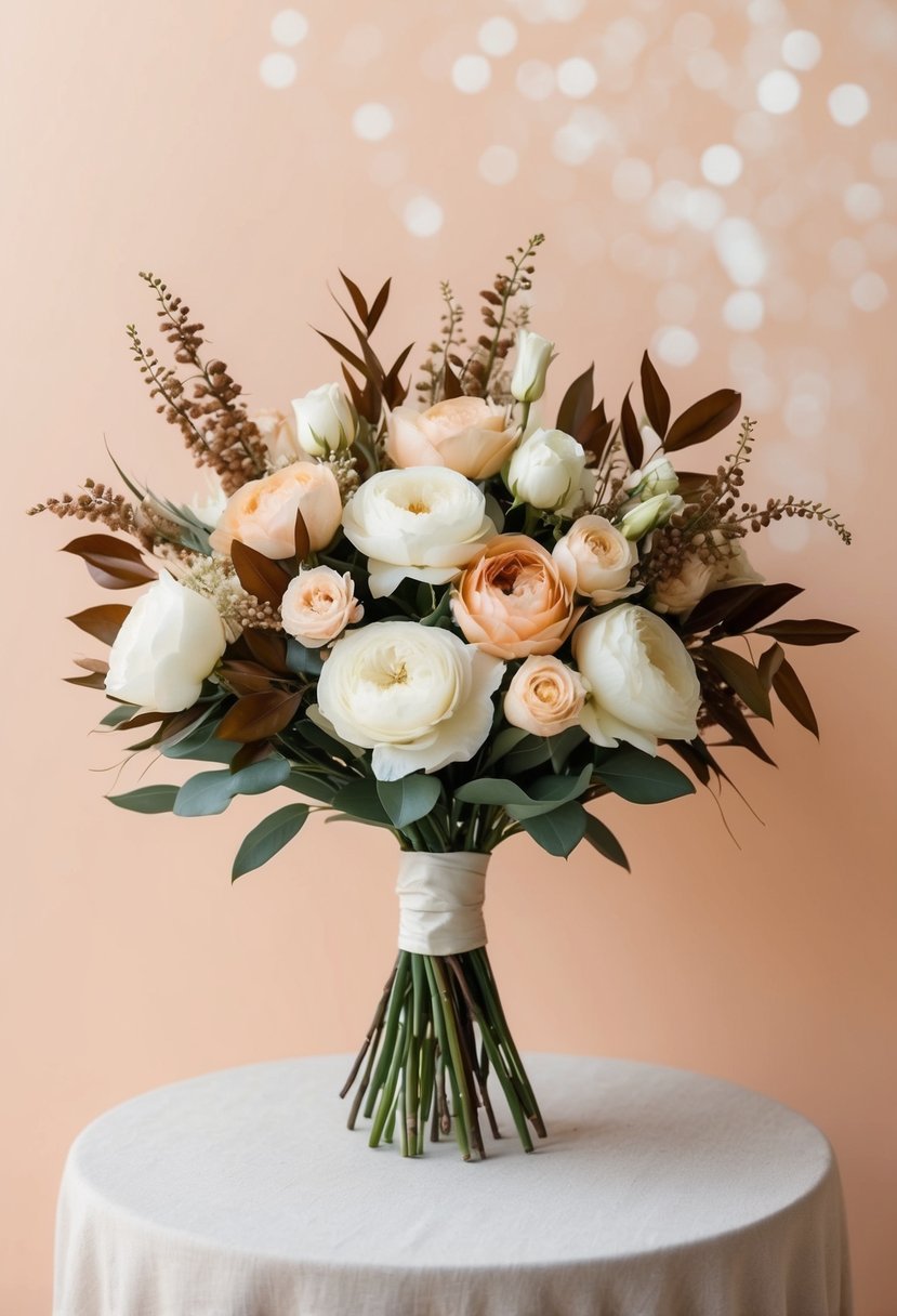 A bouquet of ivory and peach flowers, accented with brown foliage, displayed against a soft peach background