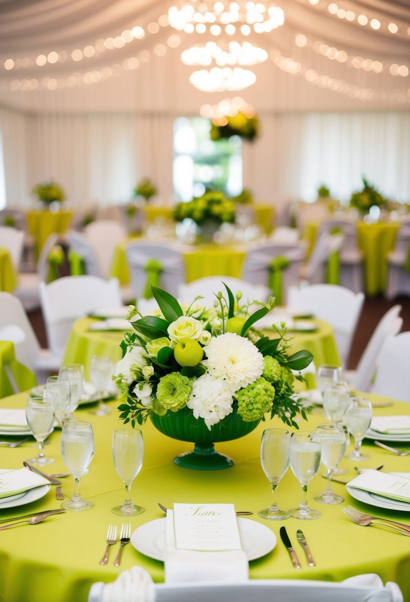 A lime green and white wedding table setting with elegant floral centerpieces and matching linens