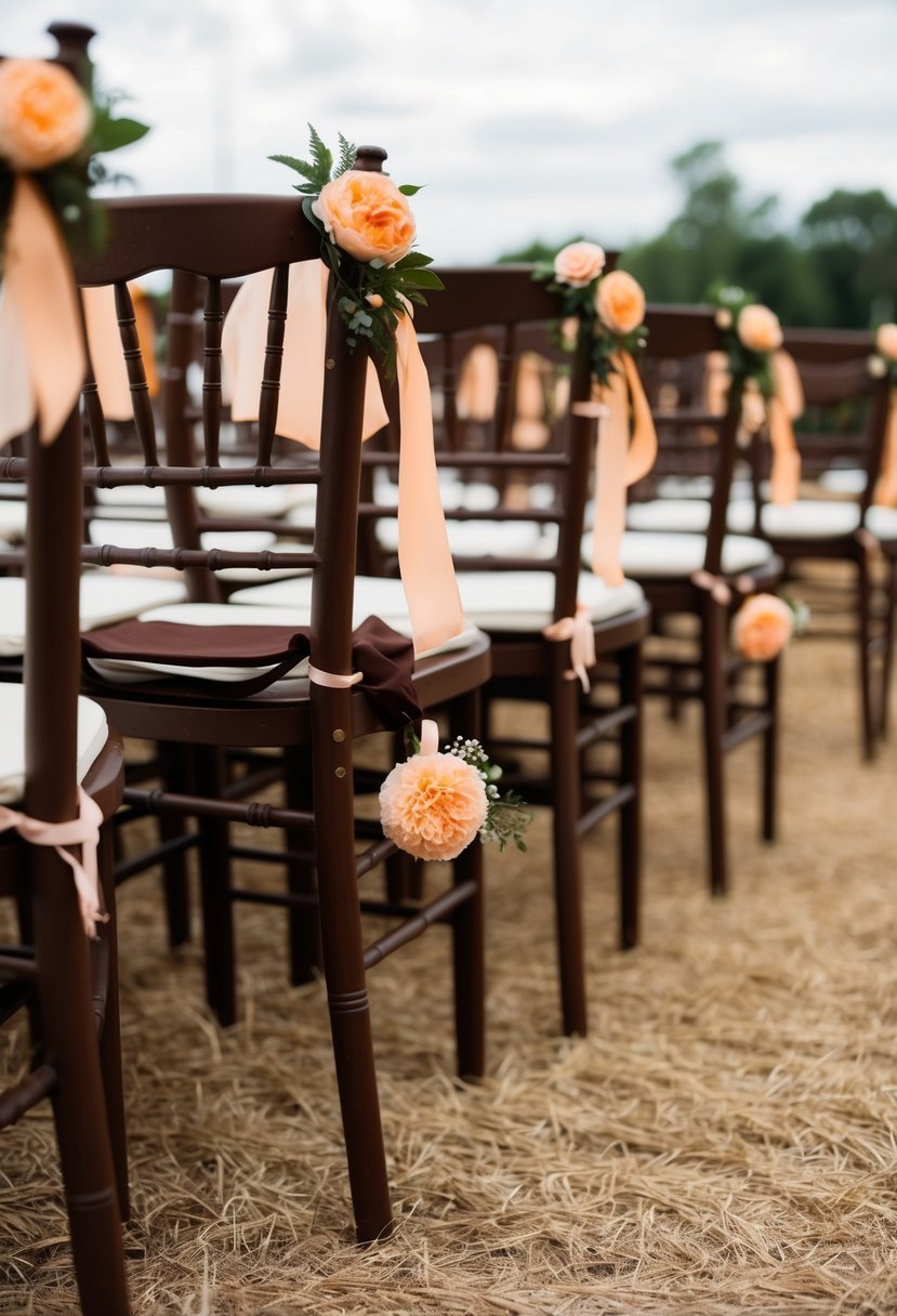 A rustic wedding scene with brown wooden chairs adorned with peach and brown decorations