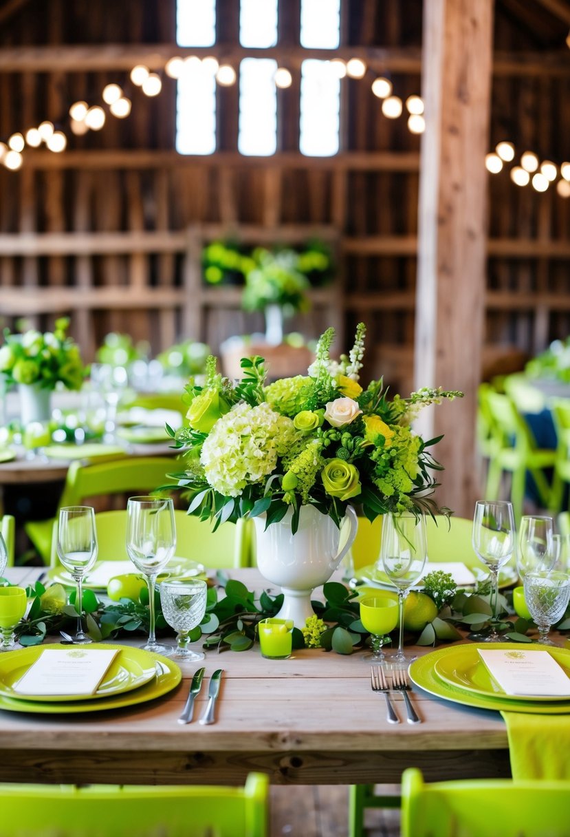 A rustic barn adorned with lime green accents, from the floral arrangements to the table settings, creating a charming and vibrant wedding scene