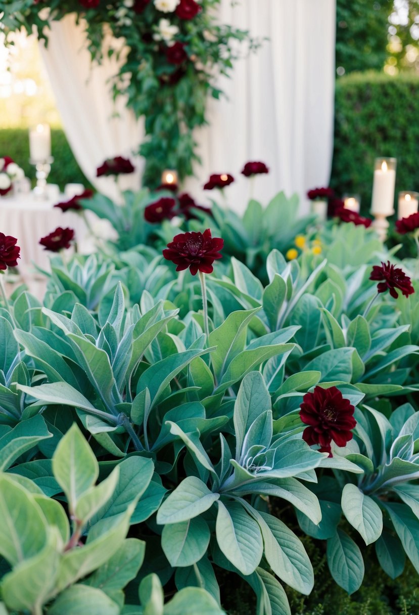 A lush garden adorned with sage green foliage and wine red flowers, set against a backdrop of elegant wedding decor