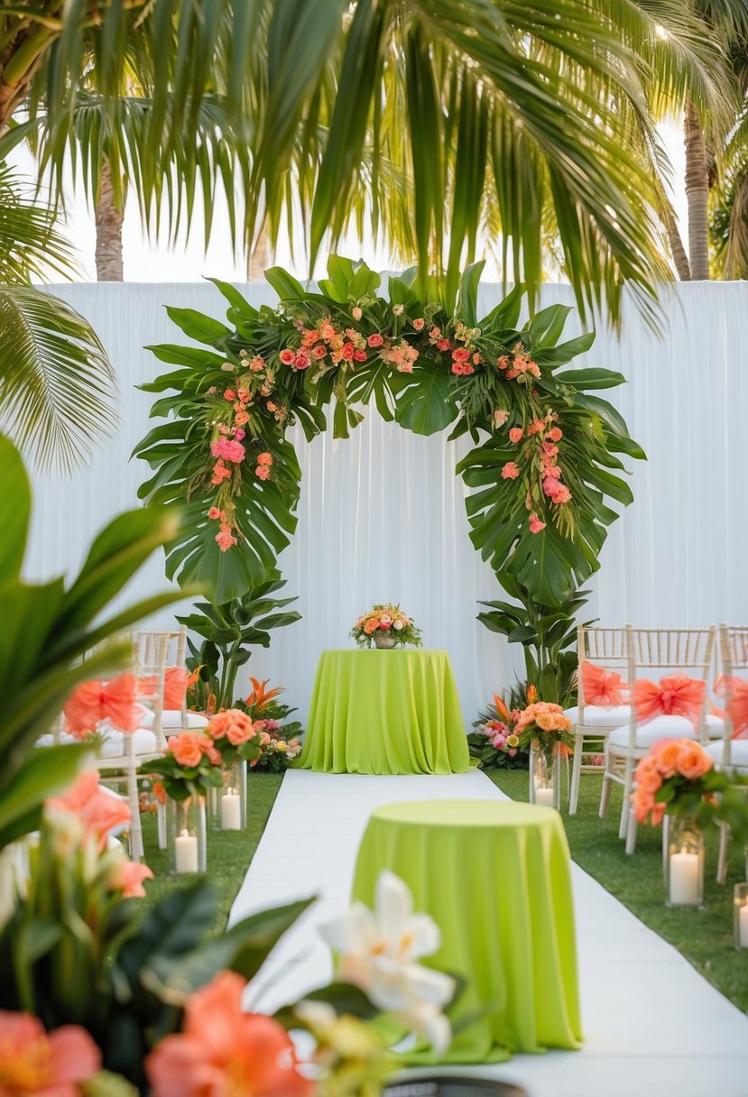 A tropical wedding scene with lime green and coral accents, featuring lush greenery, vibrant flowers, and elegant decor