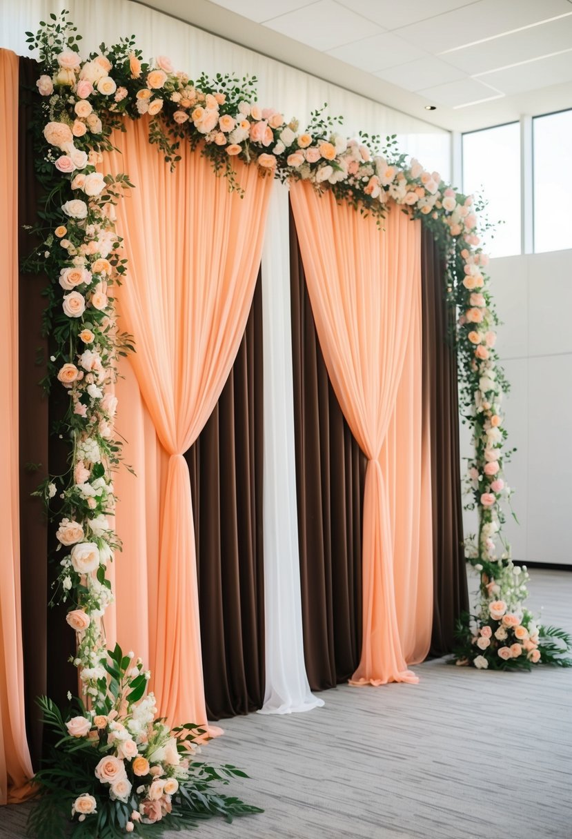 A peach and brown ceremony backdrop with flowing drapes and floral accents