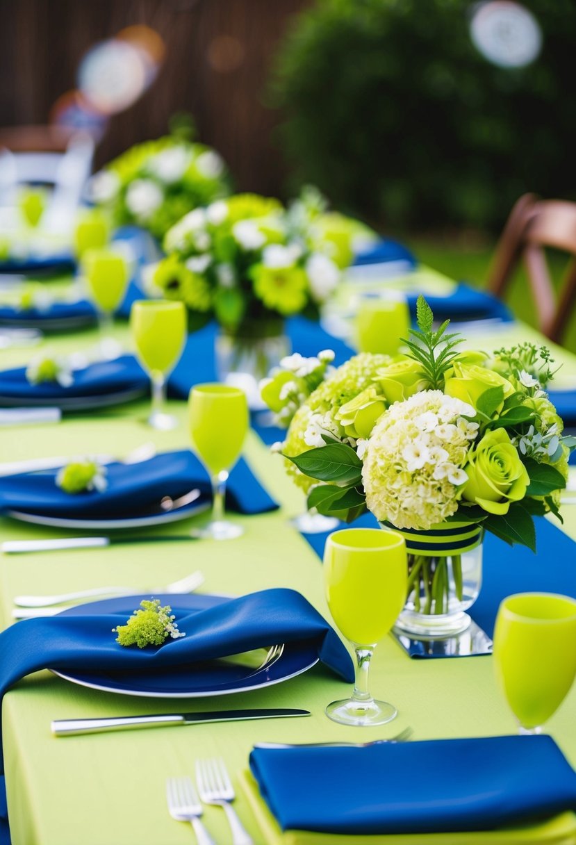 A lime green and navy blue wedding table setting with floral centerpieces and coordinating place settings