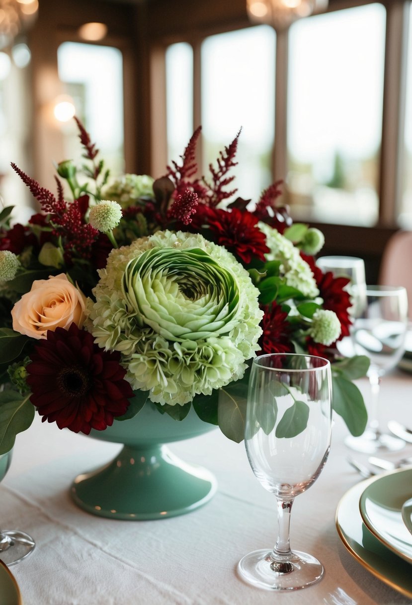 A sage green and wine red floral centerpiece on a table