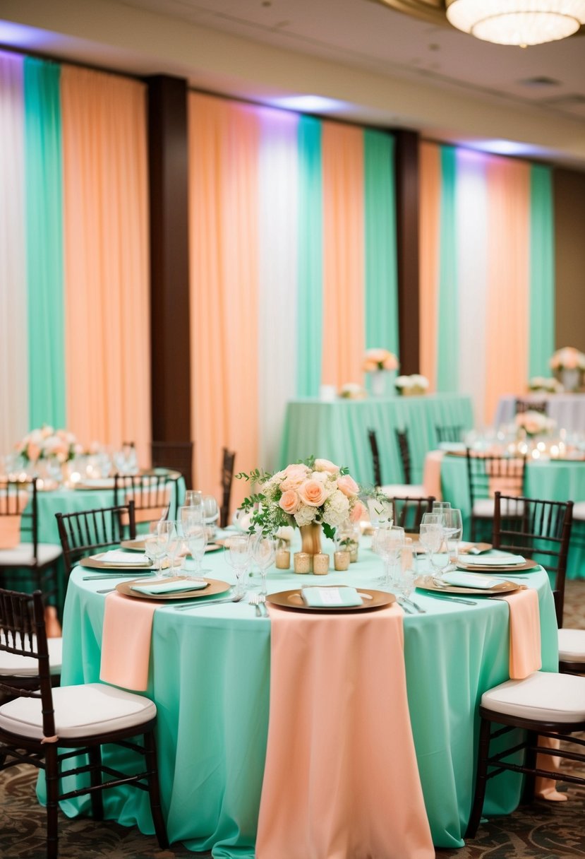 A wedding reception with peach and mint green decor, featuring peach and brown color accents