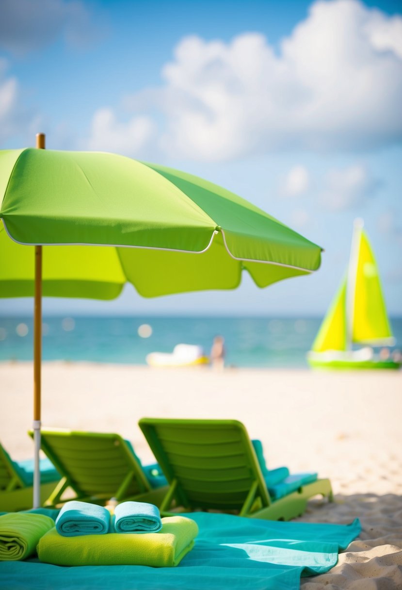 A serene beach scene with lime green accents: a lime green umbrella, beach towels, and a lime green sailboat on the horizon