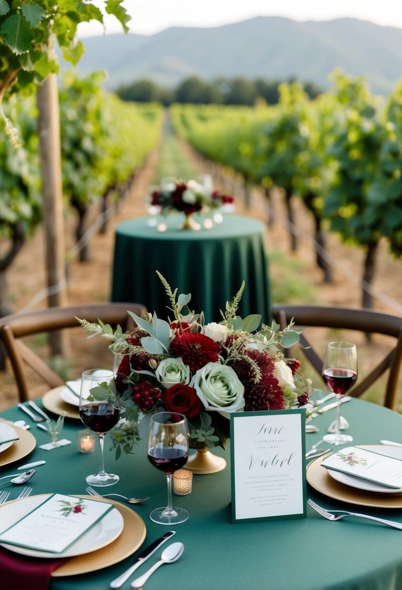 A vineyard wedding scene with wine red and sage green decor, floral arrangements, and invitations