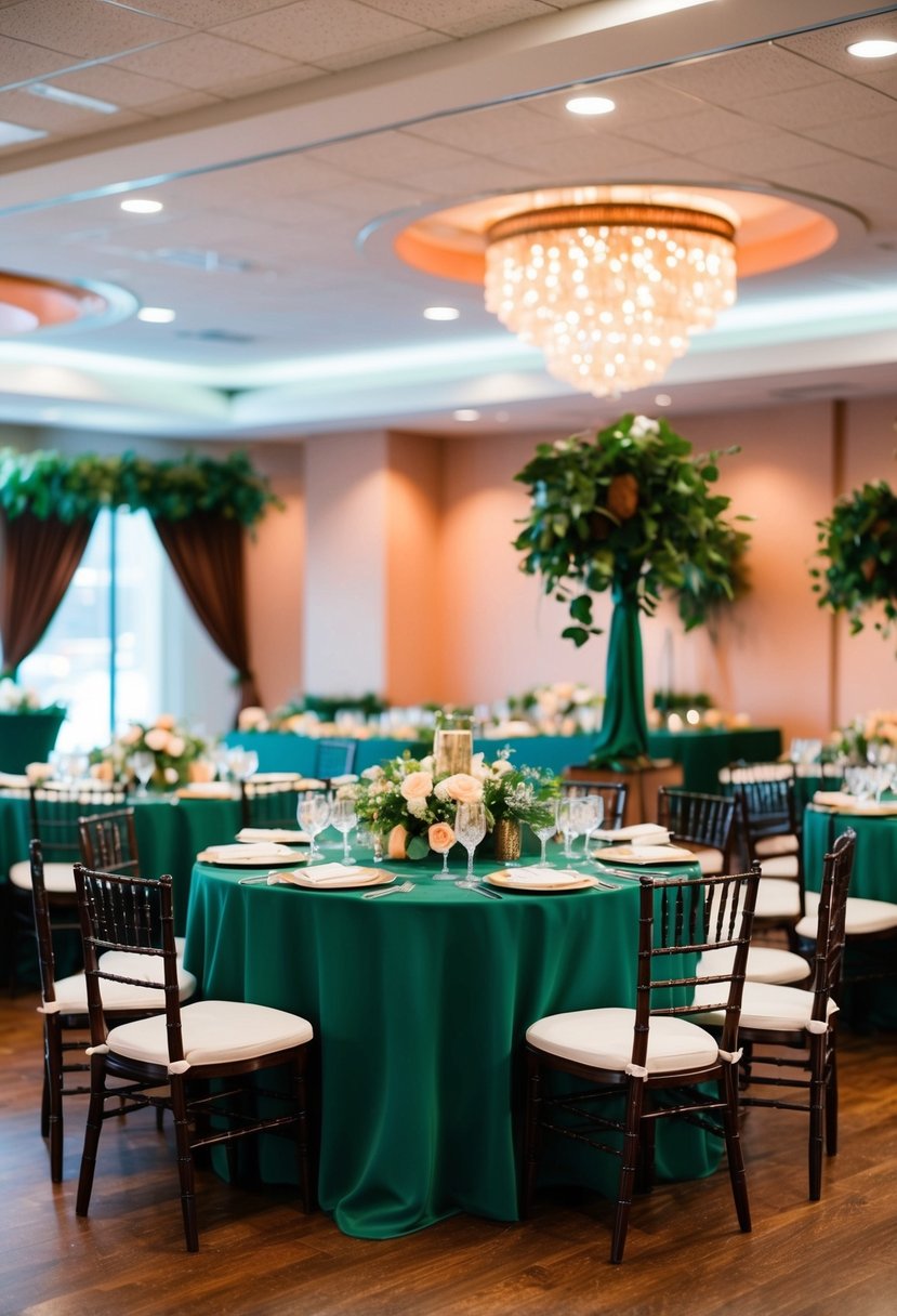 A forest green and peach reception with brown accents