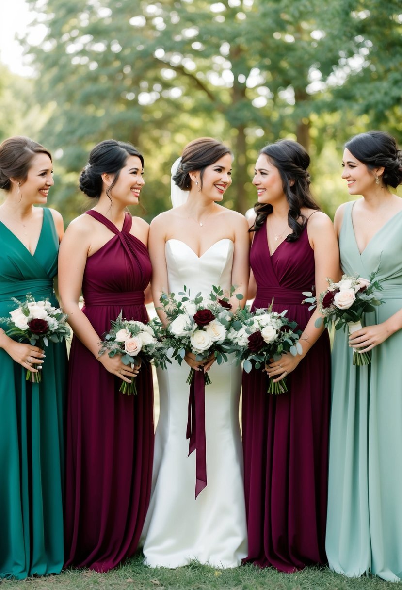 Sage green and wine red bridesmaid dresses arranged in a harmonious color palette for a wedding