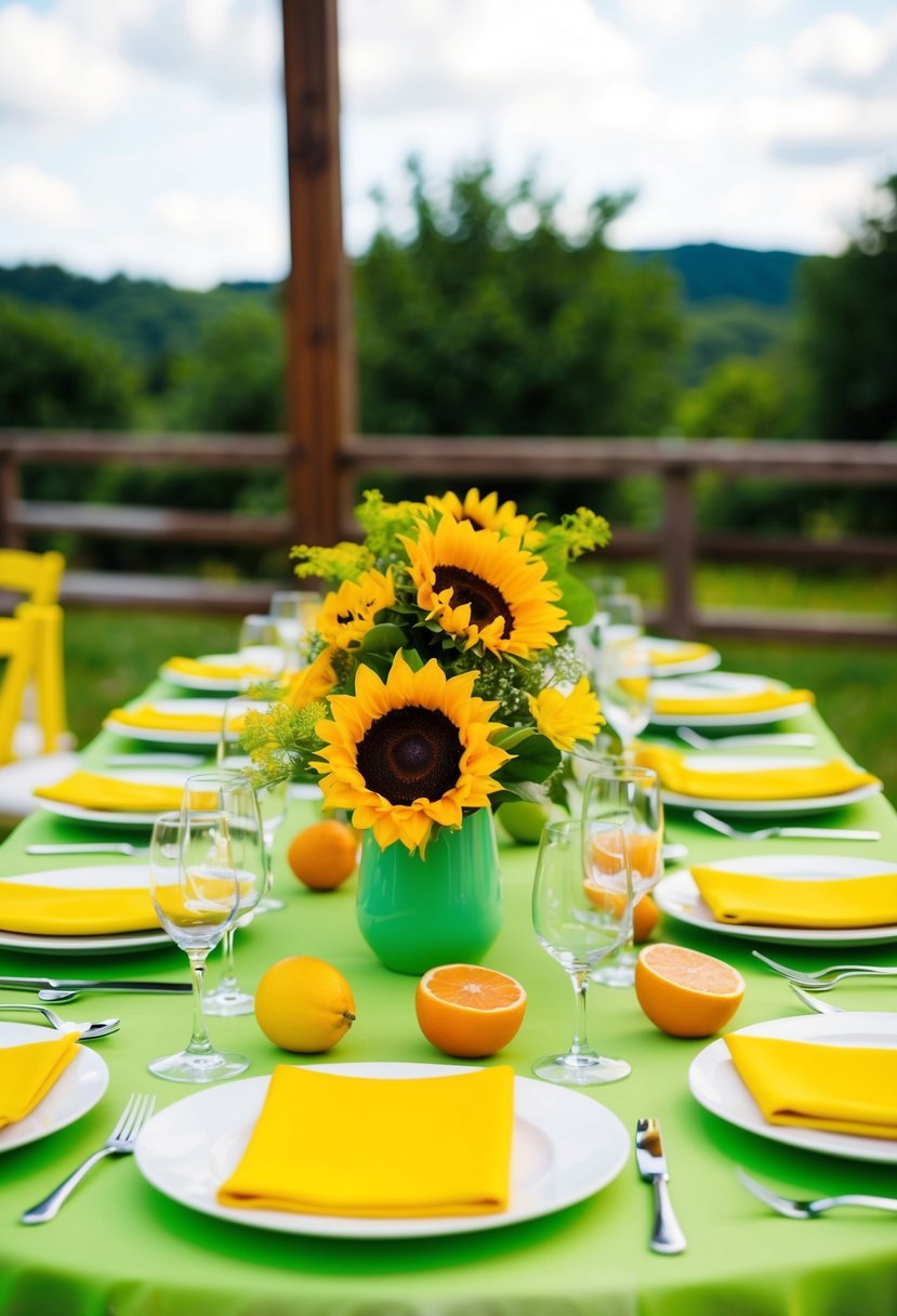 A lime green and yellow wedding table setting with sunflowers and citrus accents