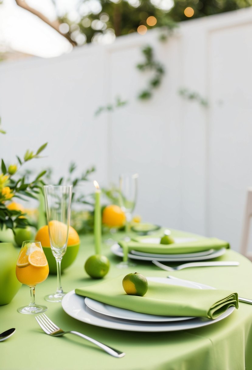 A sleek, lime green wedding table setting with minimalist decor and fresh citrus accents