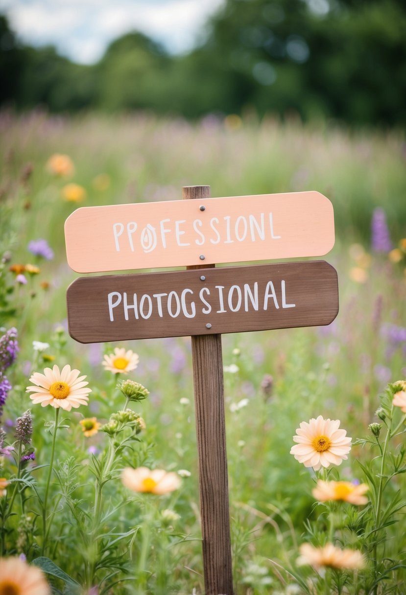 A rustic wooden sign with peach and brown colors, surrounded by wildflowers and greenery