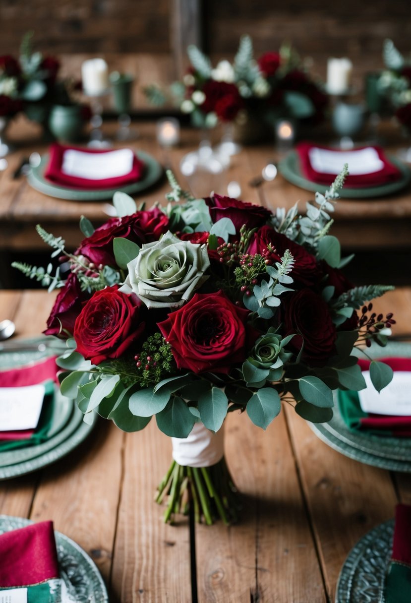 A vintage wine red and sage green bouquet arranged on a rustic wooden table, surrounded by wine red and sage green wedding decor