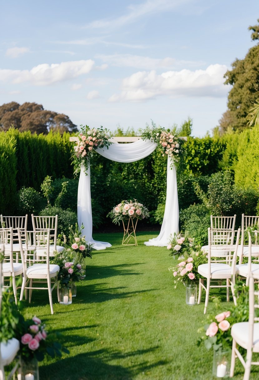 A garden filled with lime green and pink floral arrangements, with a wedding arch draped in the same colors