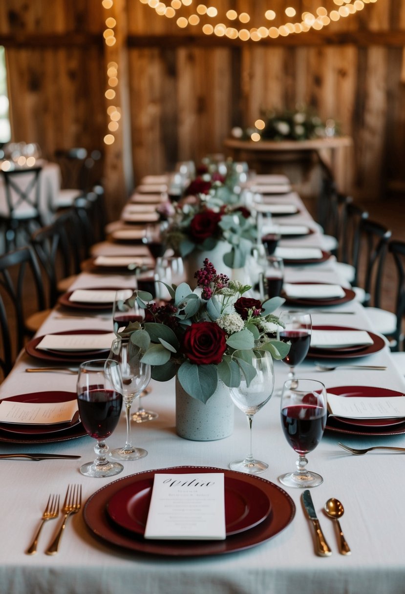 A rustic wedding table adorned with wine red and sage green centerpieces and decor