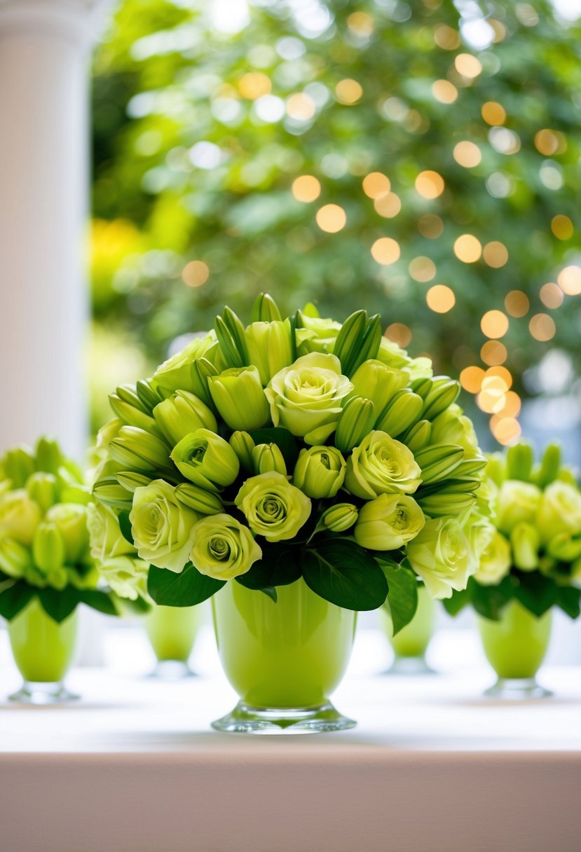 A vibrant lime green bouquet of classic flowers arranged in a simple, elegant display